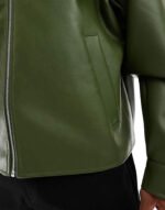 Men’s Olive Green Leather Bomber Jacket Modern Relaxed Fit with Classic Collar - Image 3