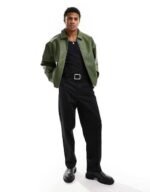 Men’s Olive Green Leather Bomber Jacket Modern Relaxed Fit with Classic Collar - Image 2