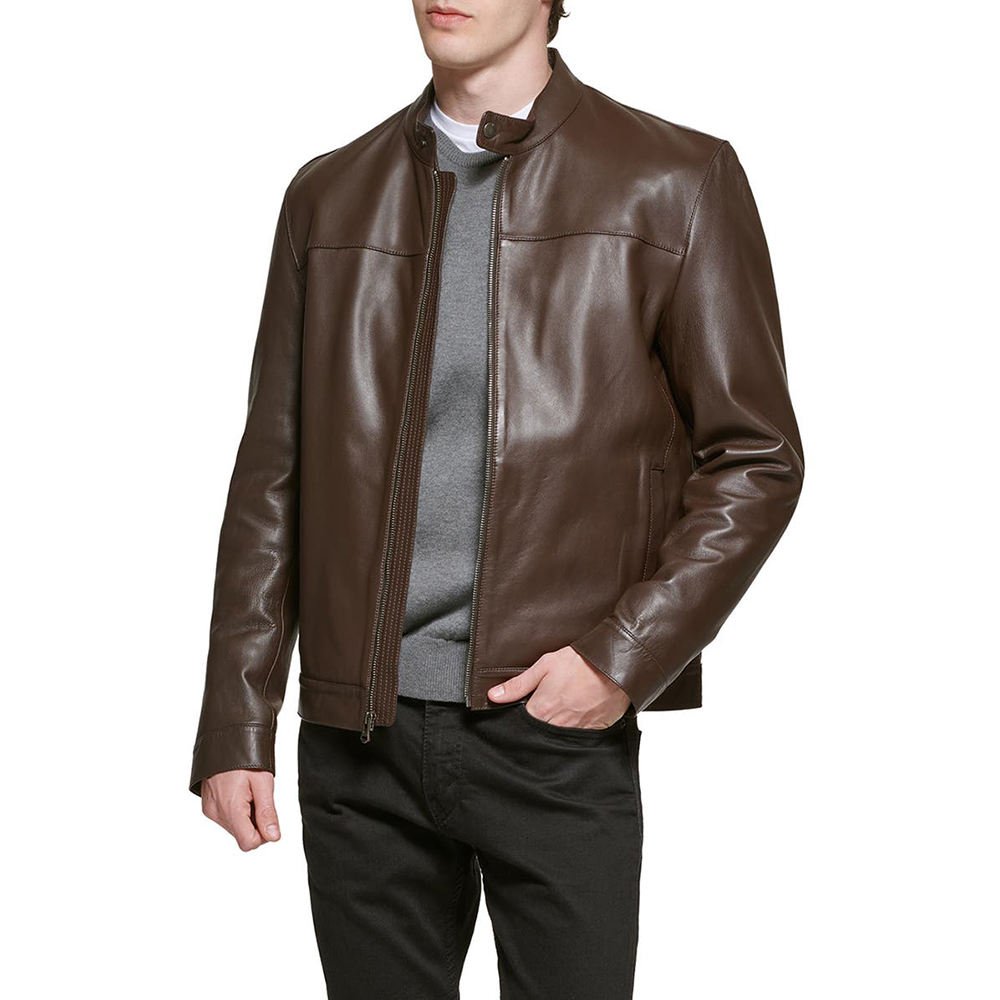 Men’s Brown Leather Moto Jacket Minimalist Stand Collar Design Men’s Brown Leather Moto Jacket Minimalist Stand Collar Design