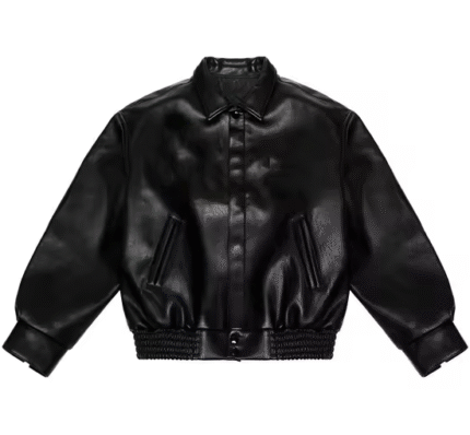 Men’s Black Leather Bomber Jacket  Classic Collared Design 