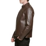 Men’s Brown Leather Moto Jacket Minimalist Stand Collar Design