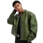 Men’s Olive Green Leather Bomber Jacket Modern Relaxed Fit with Classic Collar