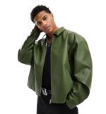Men’s Olive Green Leather Bomber Jacket Modern Relaxed Fit with Classic Collar
