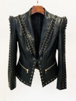 Women’s Black Faux Leather Lace-Up Moto Jacket - Image 2