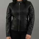 Womens Quilted Patterned Black Real Sheepskin Leather Jacket