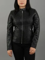 Womens Quilted Patterned Black Real Sheepskin Leather Jacket