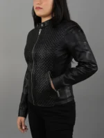Womens Quilted Patterned Black Real Sheepskin Leather Jacket - Image 4