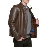 Men’s Brown Leather Moto Jacket Minimalist Stand Collar Design - Image 2