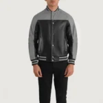 Black & Grey Leather Varsity Jacket - Image 2