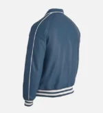 Men’s Blue Leather Varsity Bomber Jacket with White Stripes