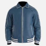 Men’s Blue Leather Varsity Bomber Jacket with White Stripes