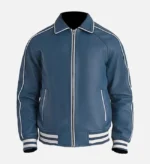 Men’s Blue Leather Varsity Bomber Jacket with White Stripes
