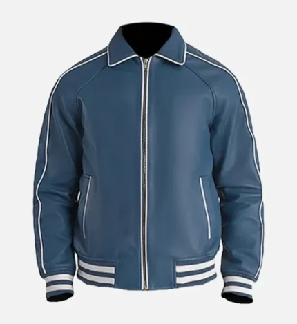 Men’s Blue Leather Varsity Bomber Jacket with White Stripes