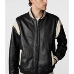 Men’s White Stripped Leather Varsity Jacket