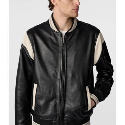 Men’s White Stripped Leather Varsity Jacket