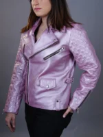 Womens Biker Pink Metallic Moto Leather Jacket - Image 2