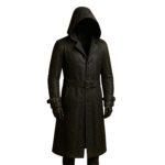 Men’s Black Hooded Leather Trench Coat Long Belted Overcoat
