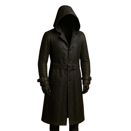 Men’s Black Hooded Leather Trench Coat Long Belted Overcoat