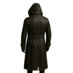 Men’s Black Hooded Leather Trench Coat Long Belted Overcoat