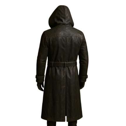 Men’s Black Hooded Leather Trench Coat Long Belted Overcoat