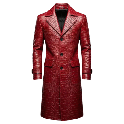 Men's Red Leather Trench Coat| Crocodile Pattern Long Coat
