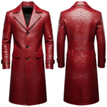 Men's Red Leather Trench Coat| Crocodile Pattern Long Coat