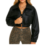Black Cropped Faux Leather Jacket Women - Image 2