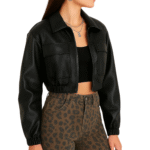 Black Cropped Faux Leather Jacket Women - Image 3
