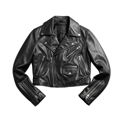 Women’s Black Genuine Leather Biker Jacket Cropped Moto Jacket with Zippers