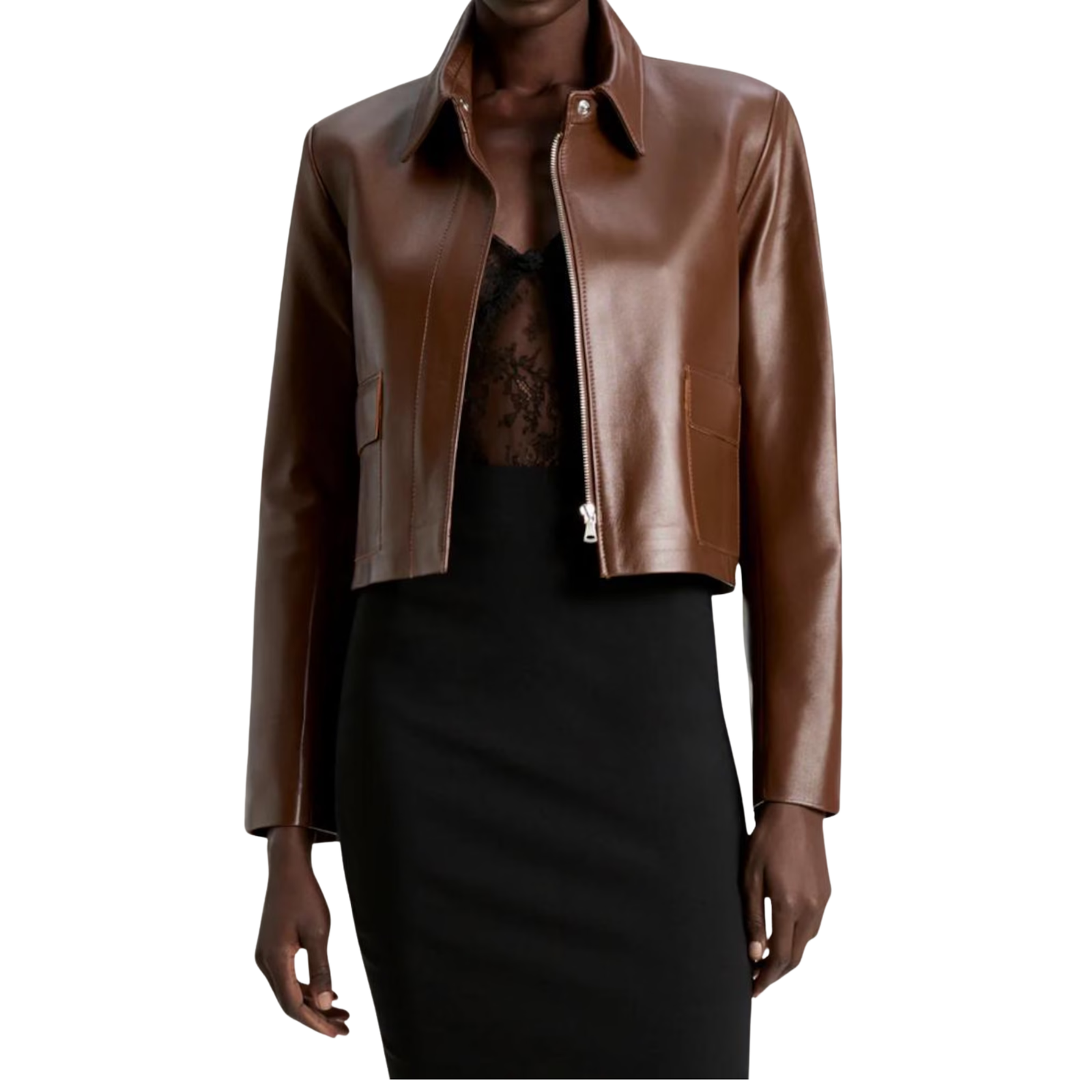 Chocolate Brown Cropped Leather Jacket for Women Lambskin Waxed Zip-Up Outerwear Chocolate Brown Cropped Leather Jacket for Women Lambskin Waxed Zip-Up Outerwear