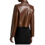 Chocolate Brown Cropped Leather Jacket for Women Lambskin Waxed Zip-Up Outerwear