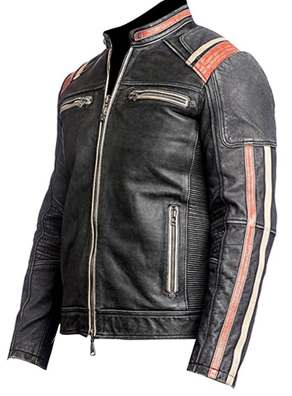 Vintage Biker Retro Cafe Racer Leather Jacket Black - Image 2
