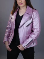 Womens Biker Pink Metallic Moto Leather Jacket - Image 4