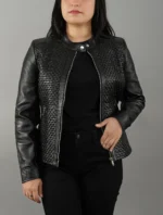 Womens Quilted Patterned Black Real Sheepskin Leather Jacket - Image 2