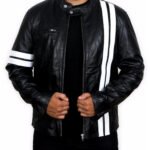 Men’s Black Leather Moto Jacket with White Racing Stripes