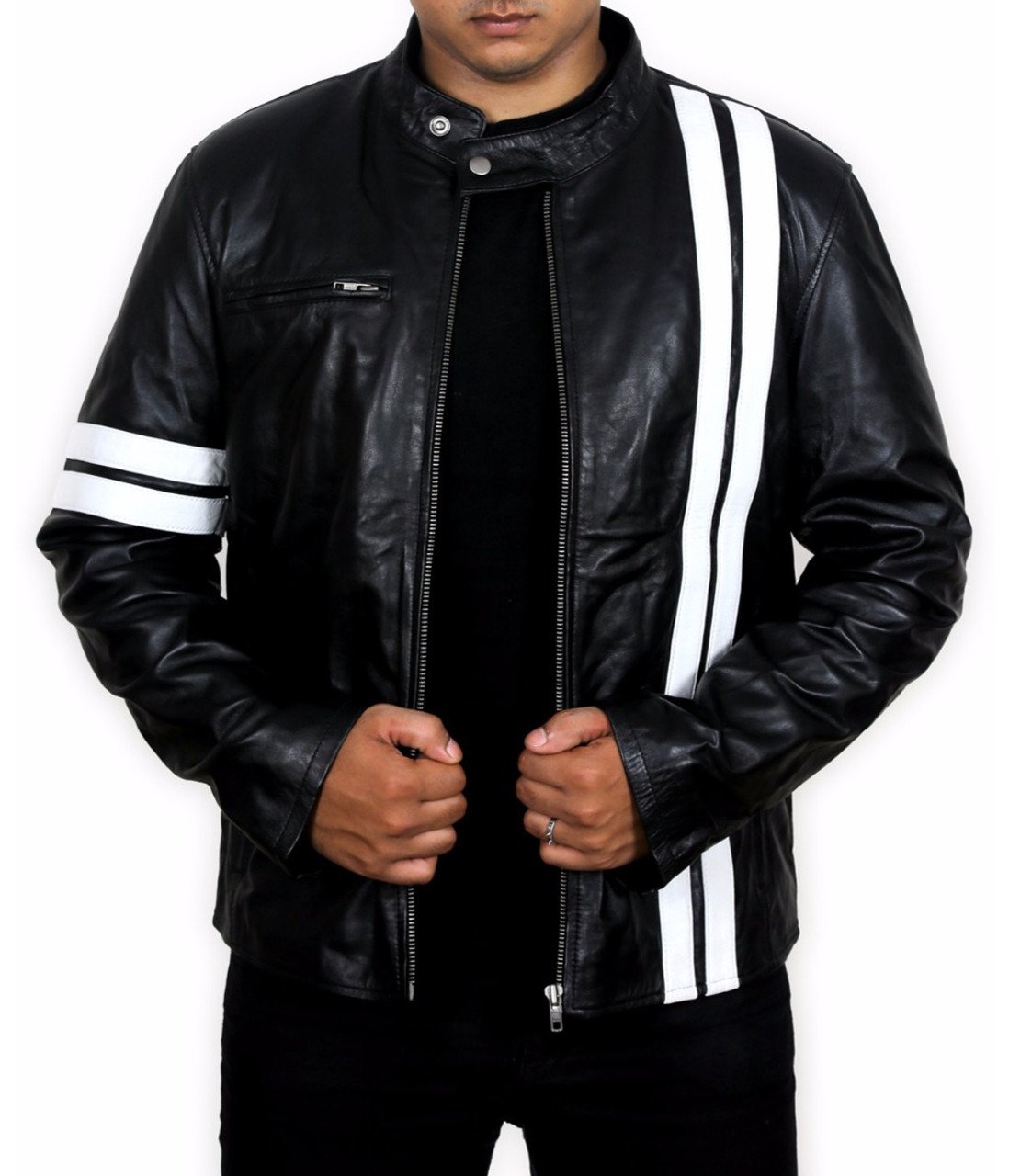 Men’s Black Leather Moto Jacket with White Racing Stripes Men’s Black Leather Moto Jacket with White Racing Stripes