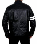 Men’s Black Leather Moto Jacket with White Racing Stripes - Image 4