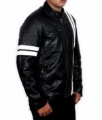 Men’s Black Leather Moto Jacket with White Racing Stripes