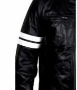 Men’s Black Leather Moto Jacket with White Racing Stripes - Image 2