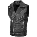 Men Classic Motorcycle Black Leather Vest - Image 4