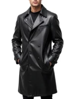 Men's Genuine Leather Long Coat  Black Leather Trench Coat - Image 2