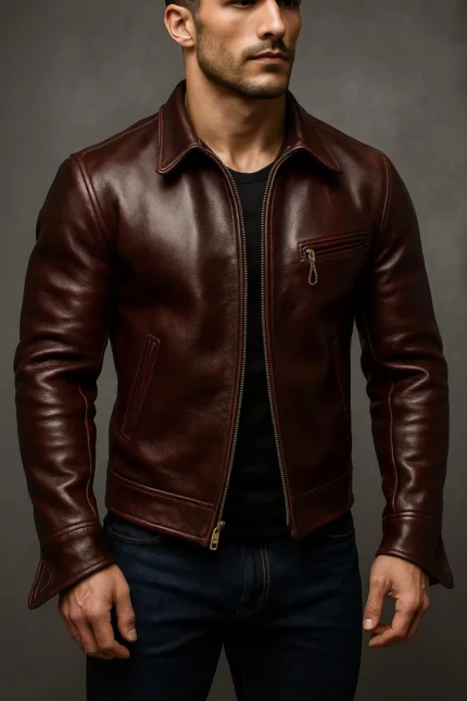Men’s Sheepskin Leather Jacket  Classic Fit Bomber Style with Brass Zipper