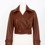 Women's Brown Cropped Belted Lambskin Leather Jacket
