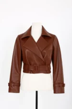 Women's Brown Cropped Belted Lambskin Leather Jacket