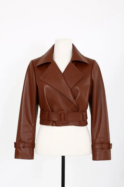 Women's Brown Cropped Belted Lambskin Leather Jacket