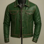 Men’s Green Leather Biker Moto Trucker Jacket