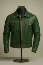 Men’s Green Leather Biker Moto Trucker Jacket