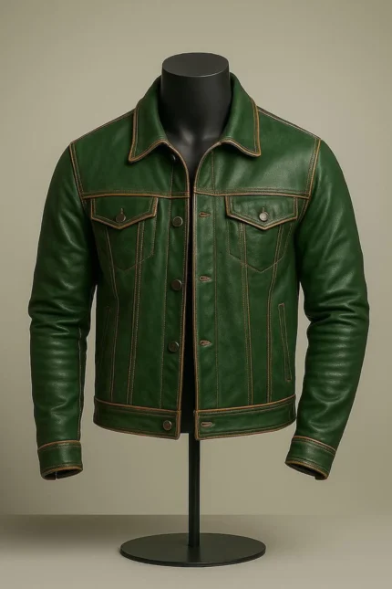 Men’s Green Leather Biker Moto Trucker Jacket