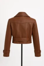 Women's Brown Cropped Belted Lambskin Leather Jacket