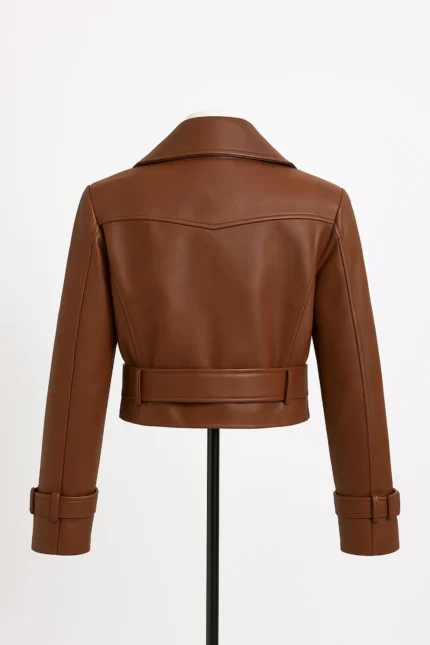 Women's Brown Cropped Belted Lambskin Leather Jacket